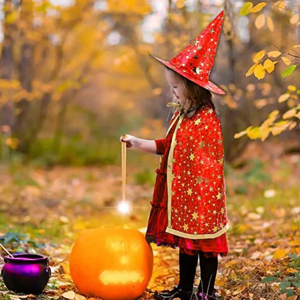 Kids Halloween Costume Fancy Dress Up Cloak & Witch Hat Set For Halloween Party